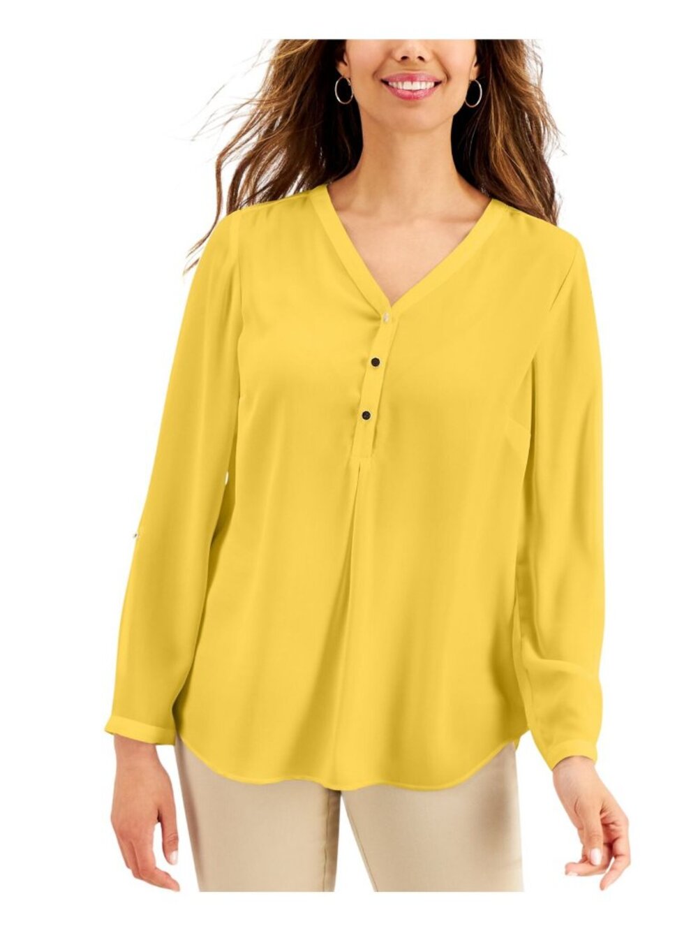 NWT JM Collection Woven V-Neck Utility Top 100104331MS Primrose Yellow L